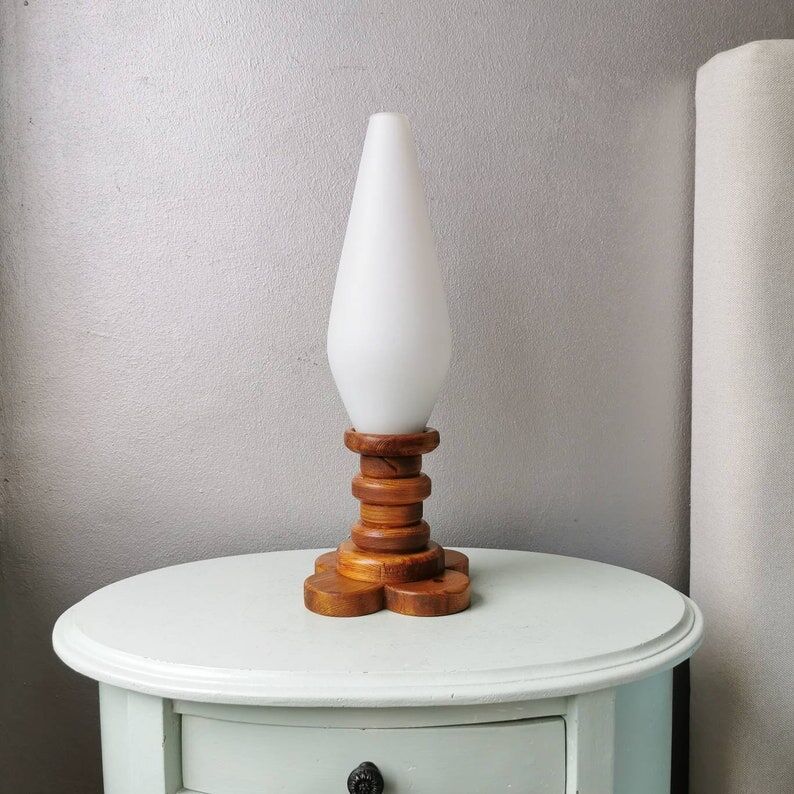 Wooden table lamp with glass chalice, 1970