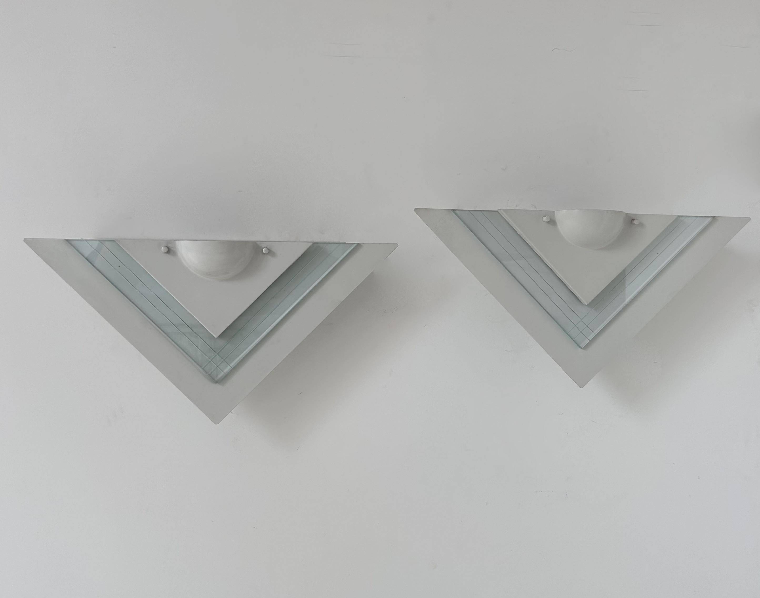 Pair of vintage wall lights, white lacquered metal and glass, Germany 1970s