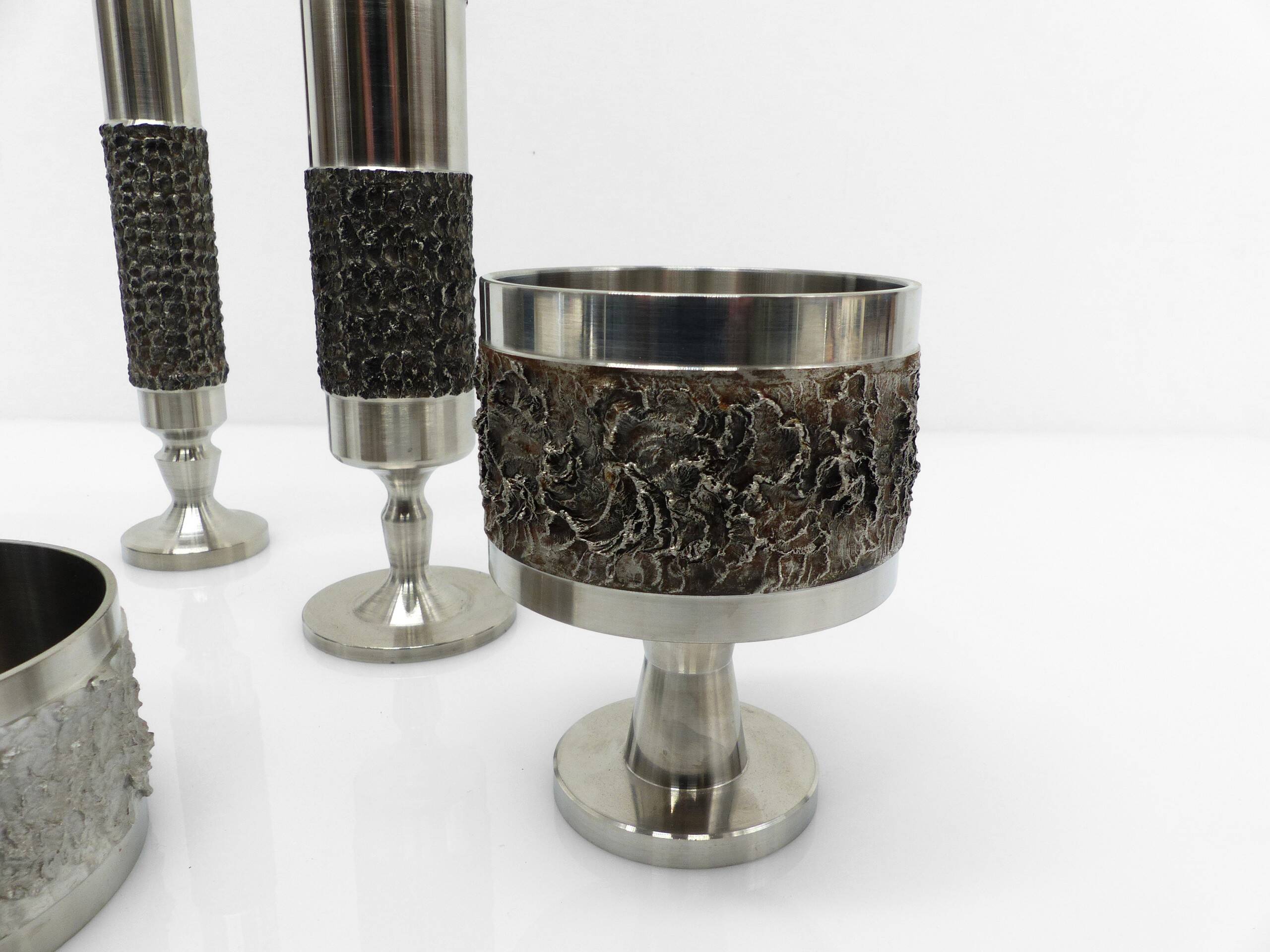 Set of 5 brutalist steel vases and bowls 1970