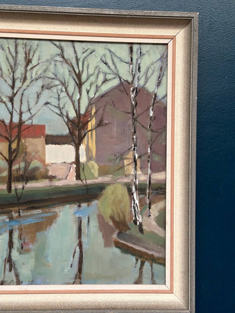 Original Swedish Oil on Canvas - "Landscape with Trees and Buildings" by Ingvar Björk - 1948 - Vintage - Framed - 62 × 48 cm (24.4" × 18.9")