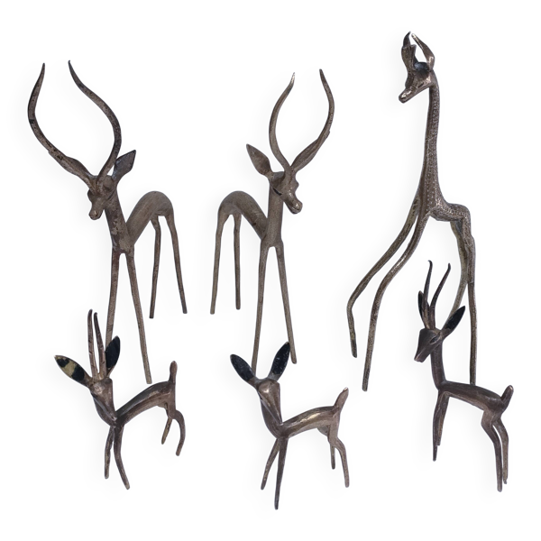 cinq sculptures gazelles antilopes girafe laiton vintage — Beyit