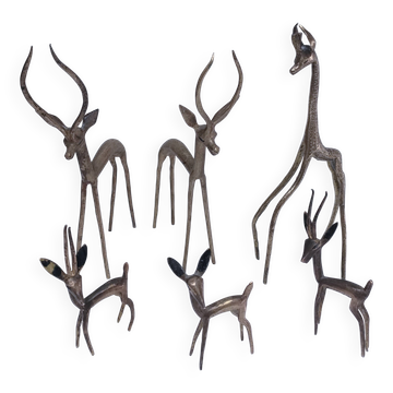 cinq sculptures gazelles antilopes girafe laiton vintage