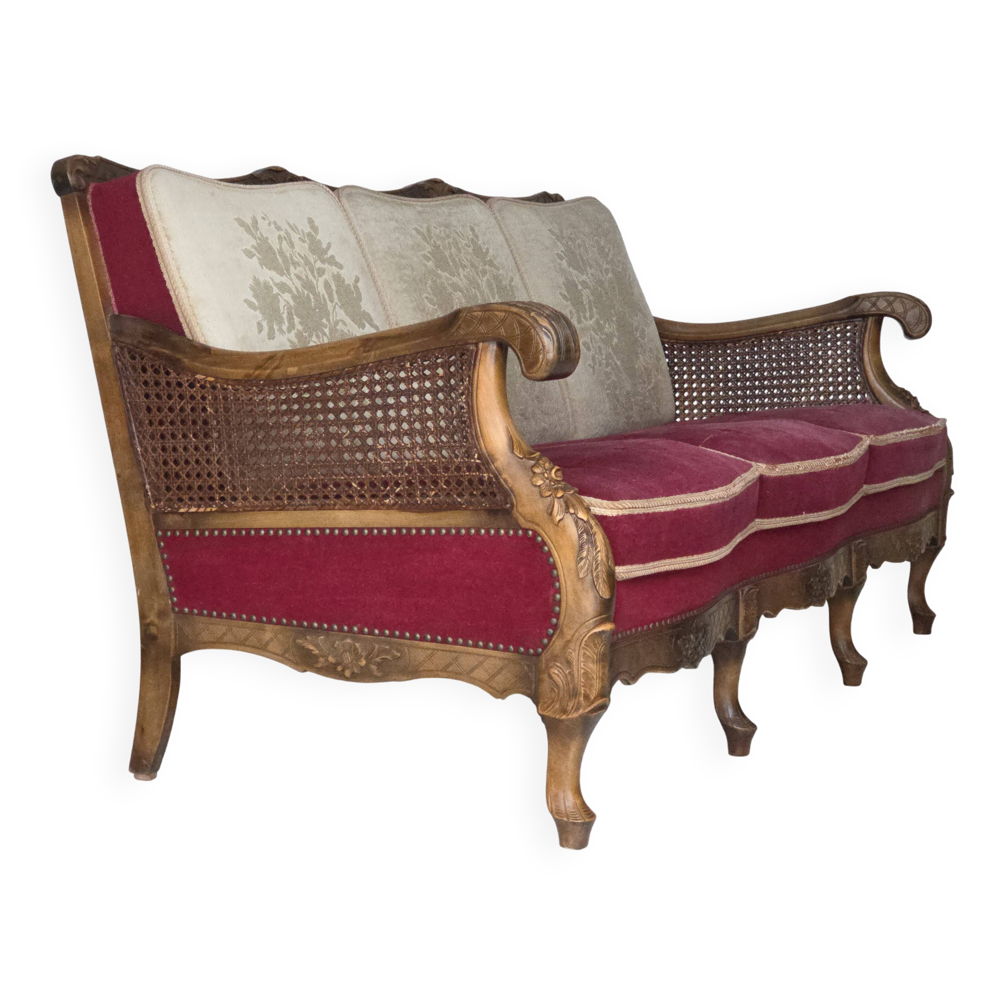 1930s, Danish 3-seater sofa, red furniture velour, furniture mesh.