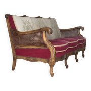 1930s, Danish 3-seater sofa, red furniture velour, furniture mesh.