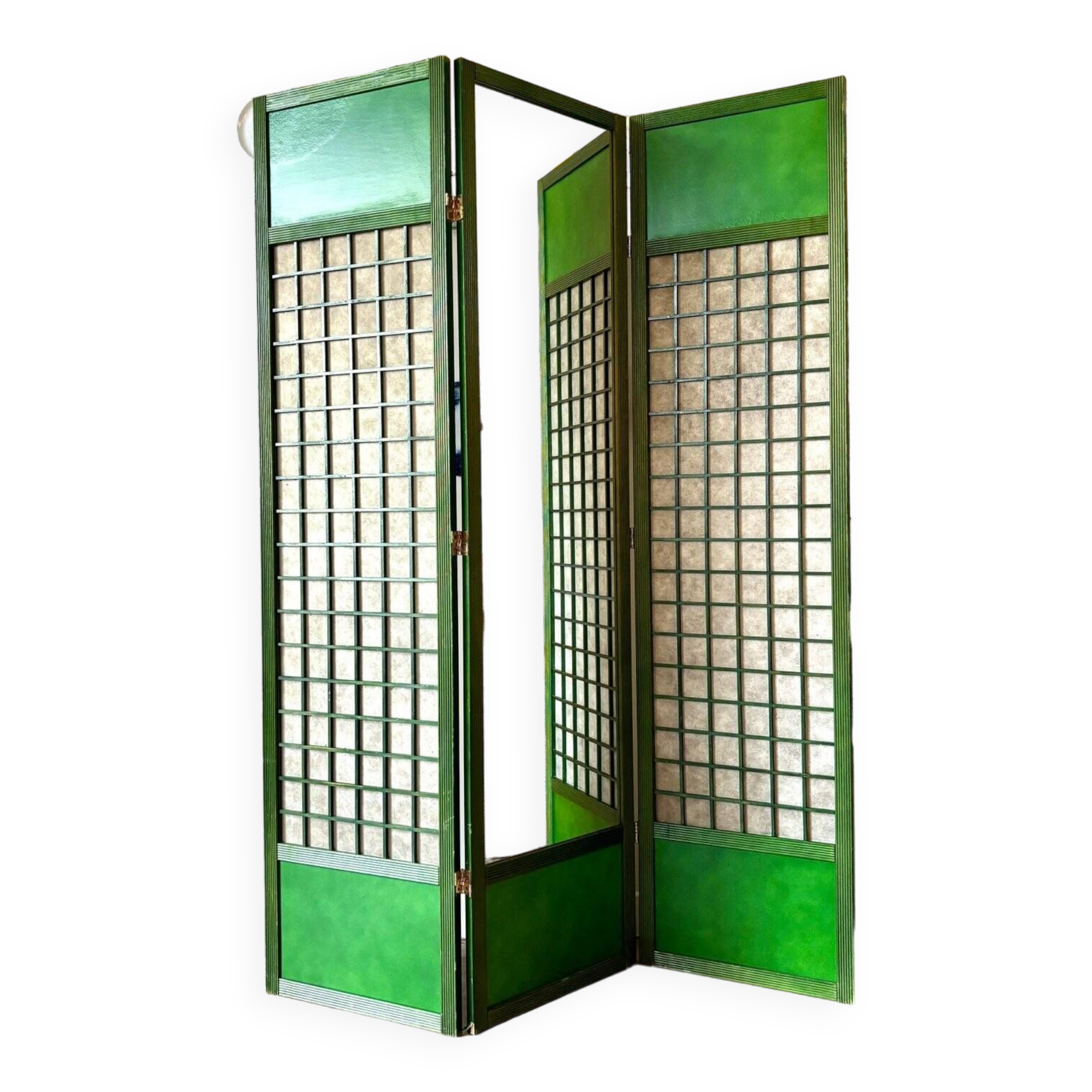 3-leaf screen in green wood, ecru paper and mirror