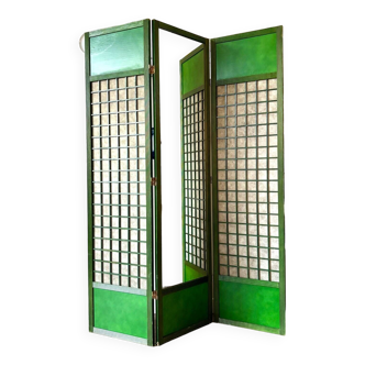 3-leaf screen in green wood, ecru paper and mirror