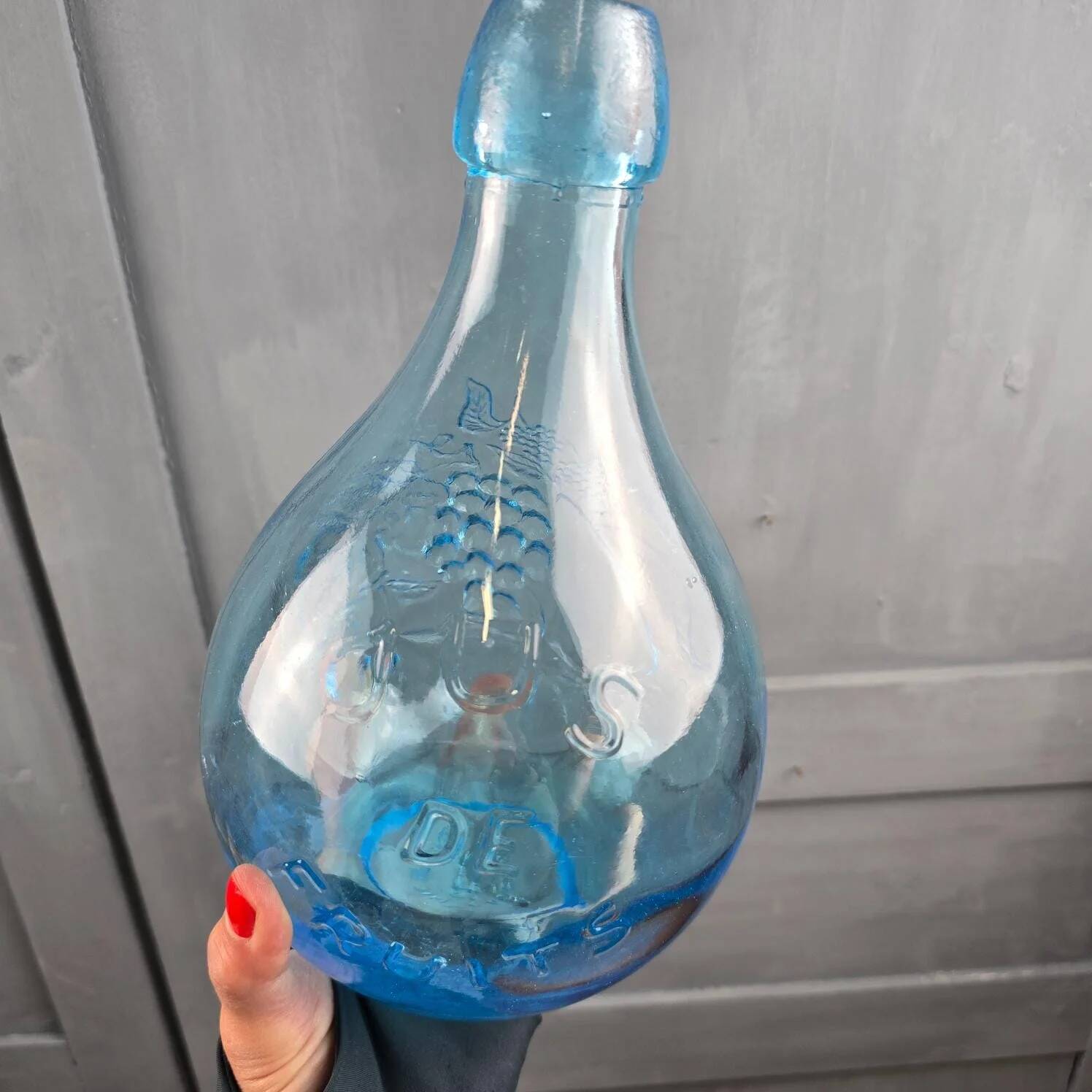 Vintage Italian aqua blue carafe "Fruit Juice", relief glass Casadis Milano