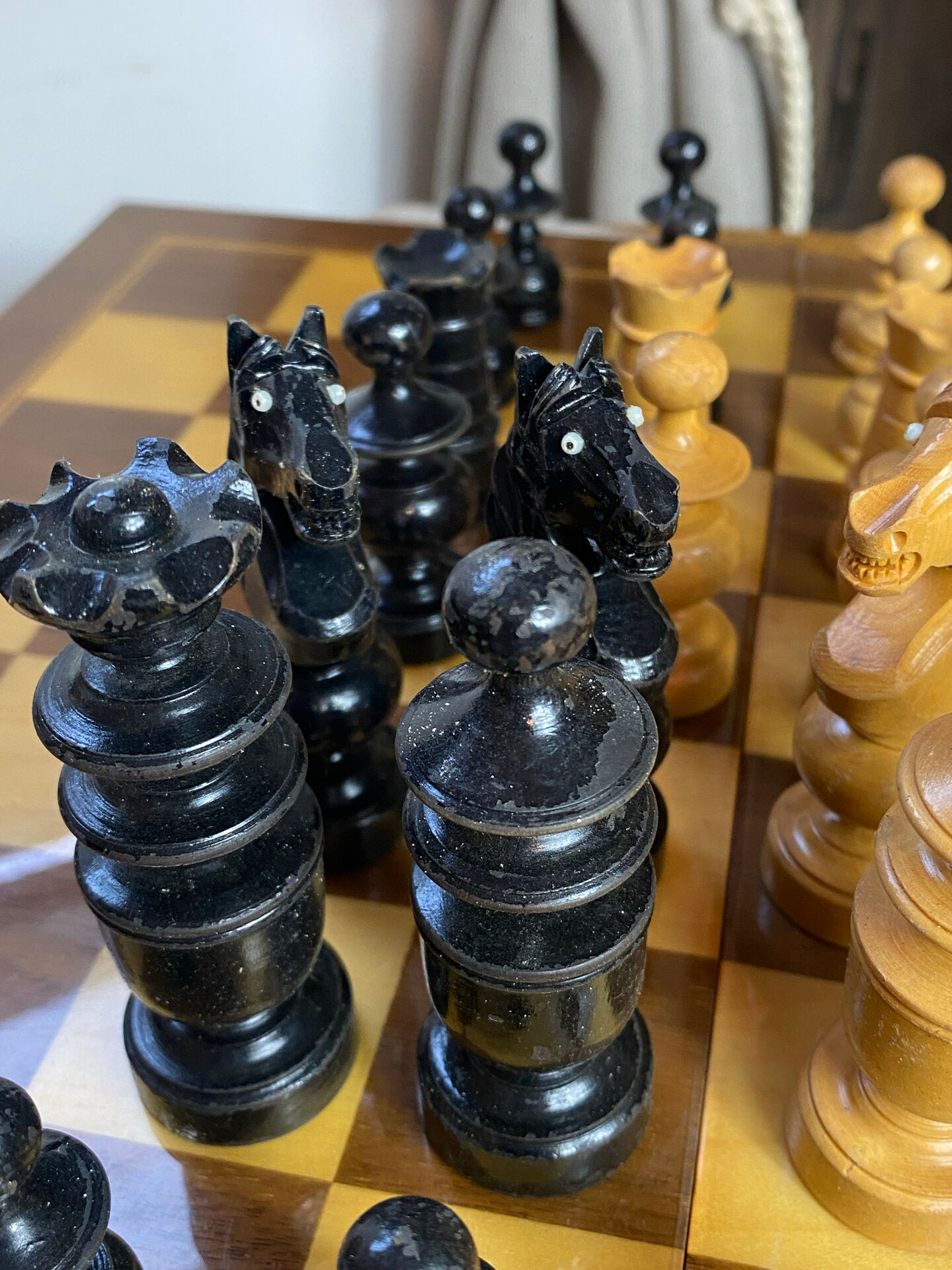 Chess set with wooden board and pieces