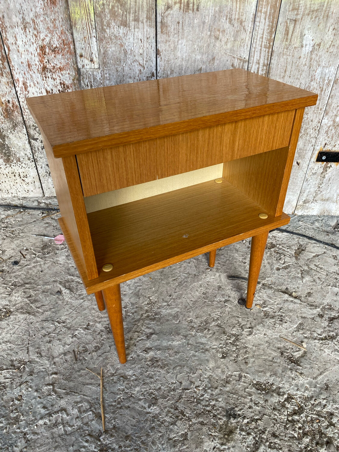 Vintage 1970s Wooden Nightstand with Case + Drawer