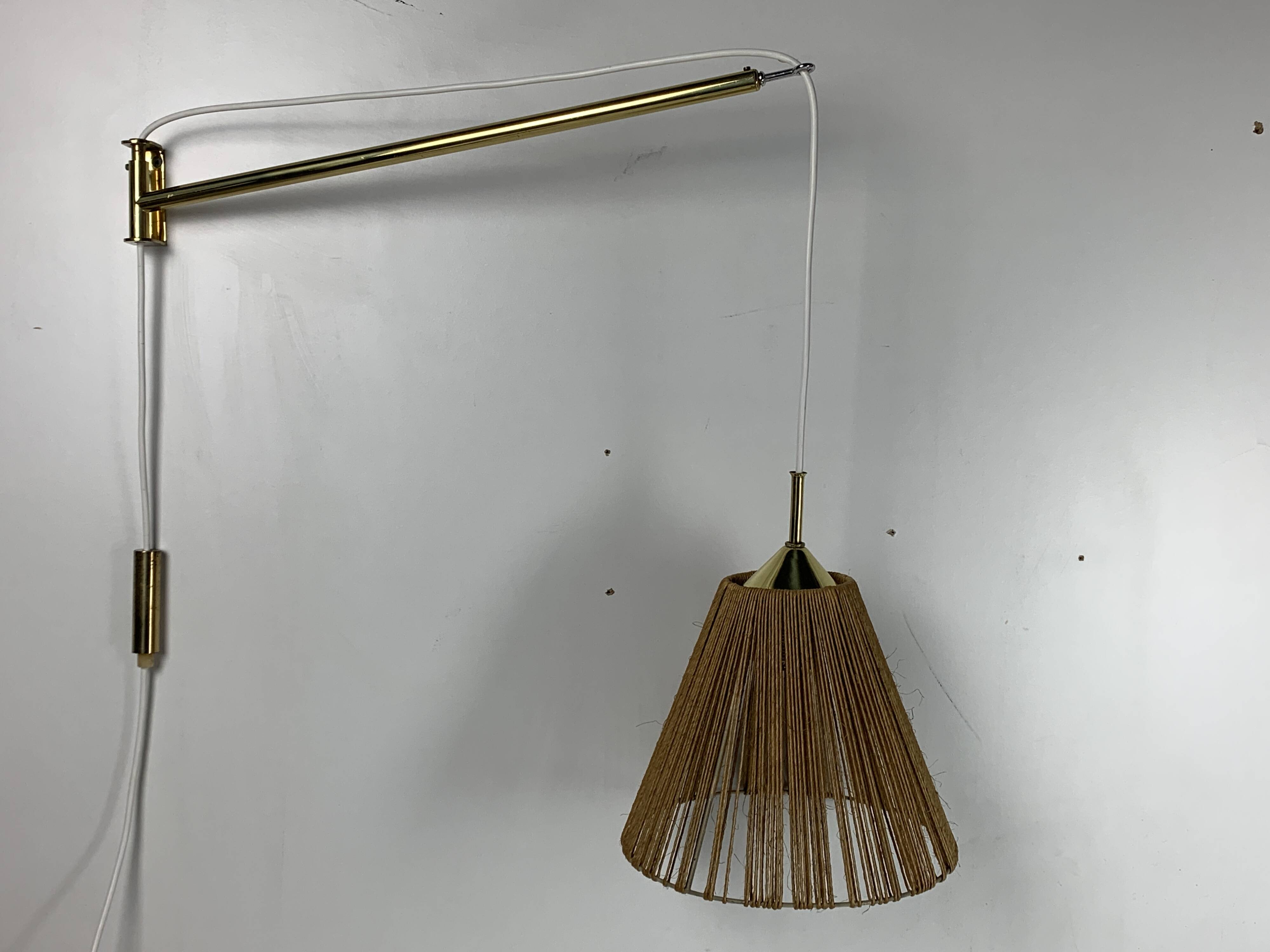 Midcentury extendable brass wall mount with cocoon and sisal shade Lars Schioler, 1960s
