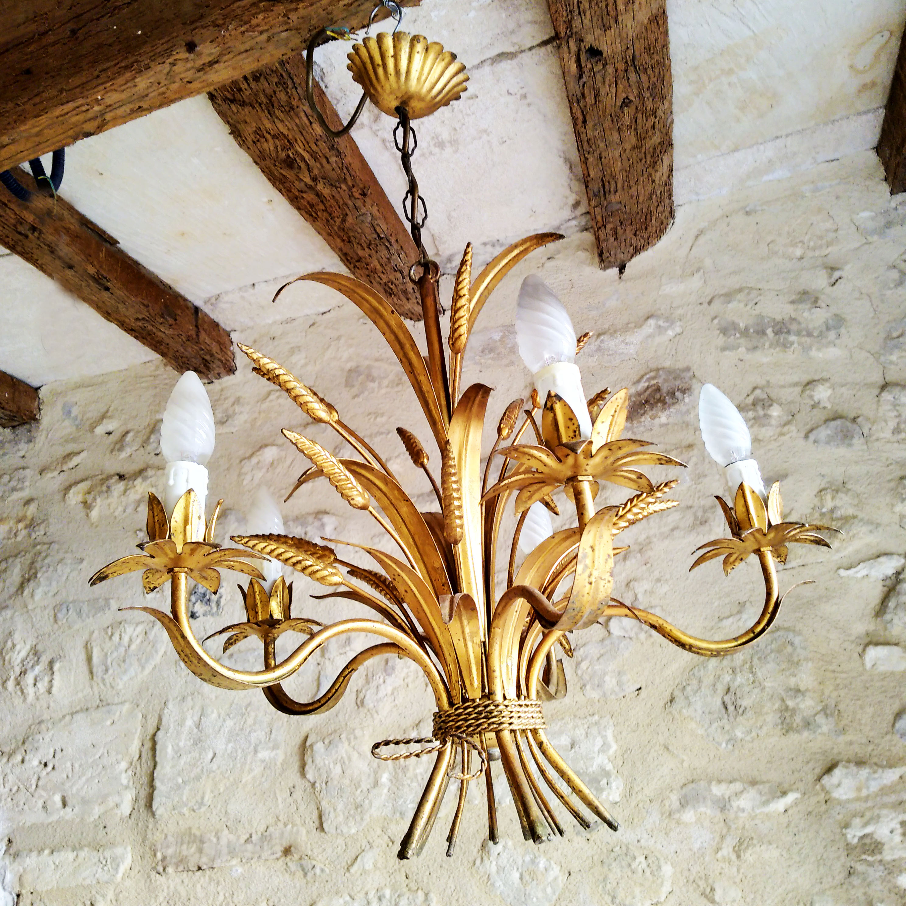 Golden metal wheat epis chandelier 1970