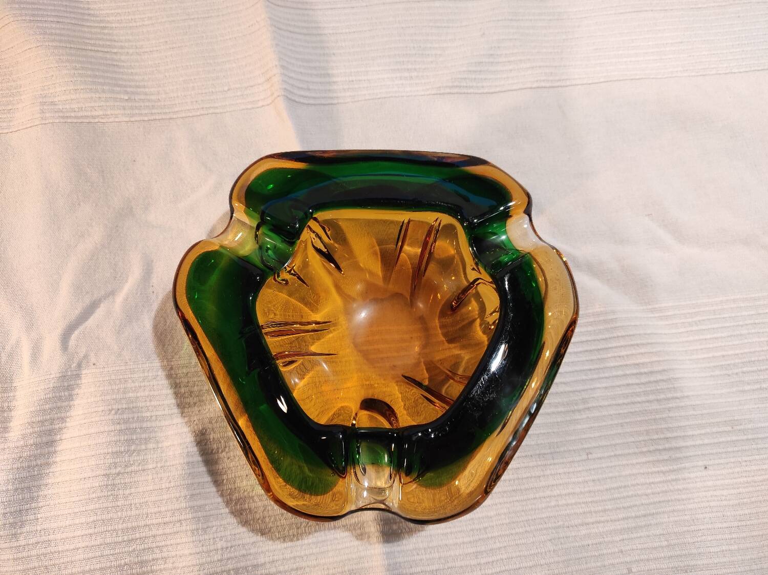 Murano green and yellow blown glass ashtray, 1970