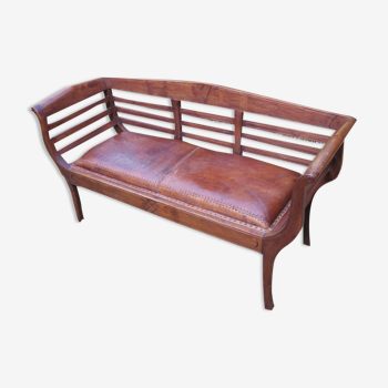 Teak and leather bench