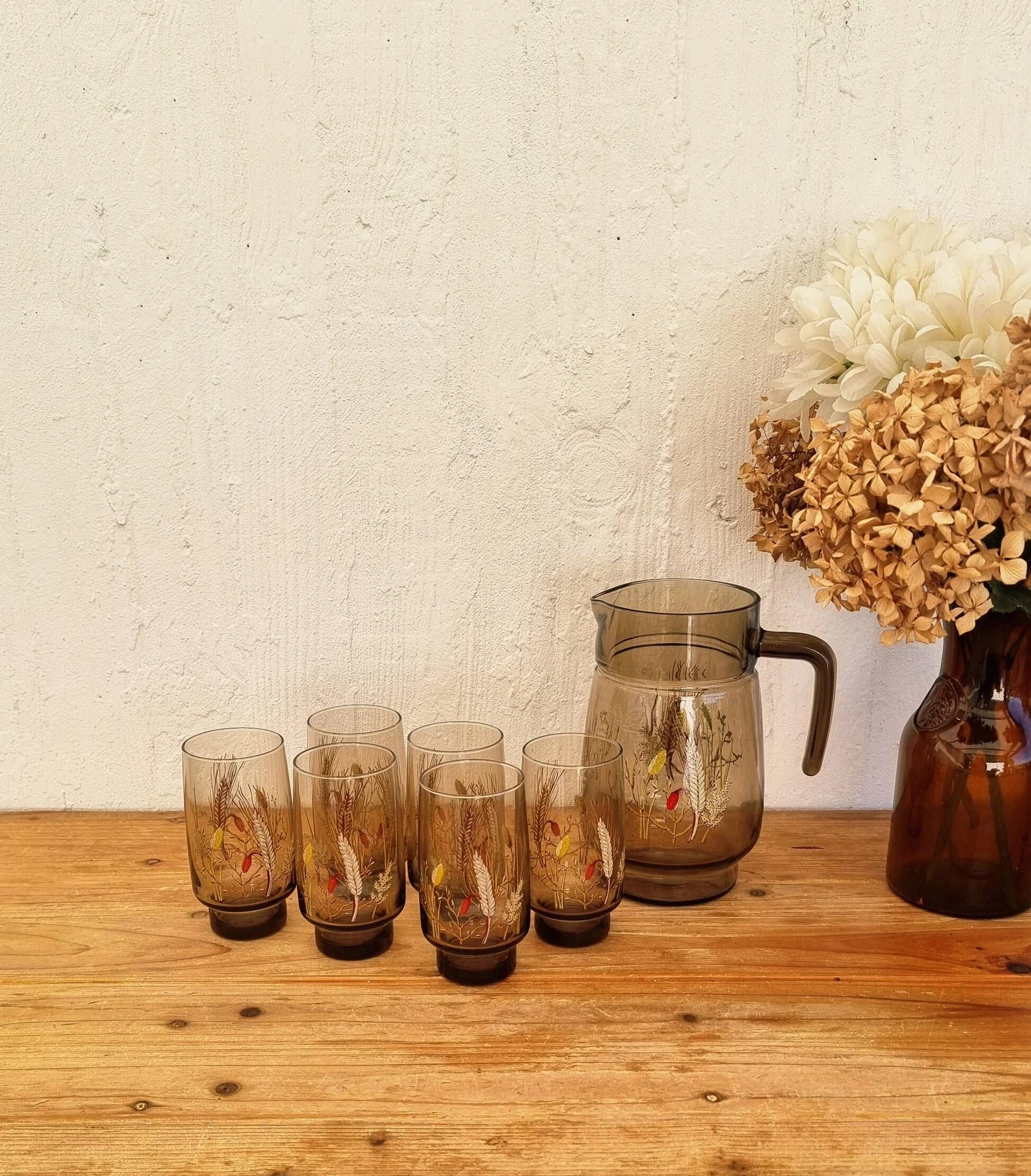Vintage orangeade service J.G. Durand Tivoli in smoked glass, 7 pieces.