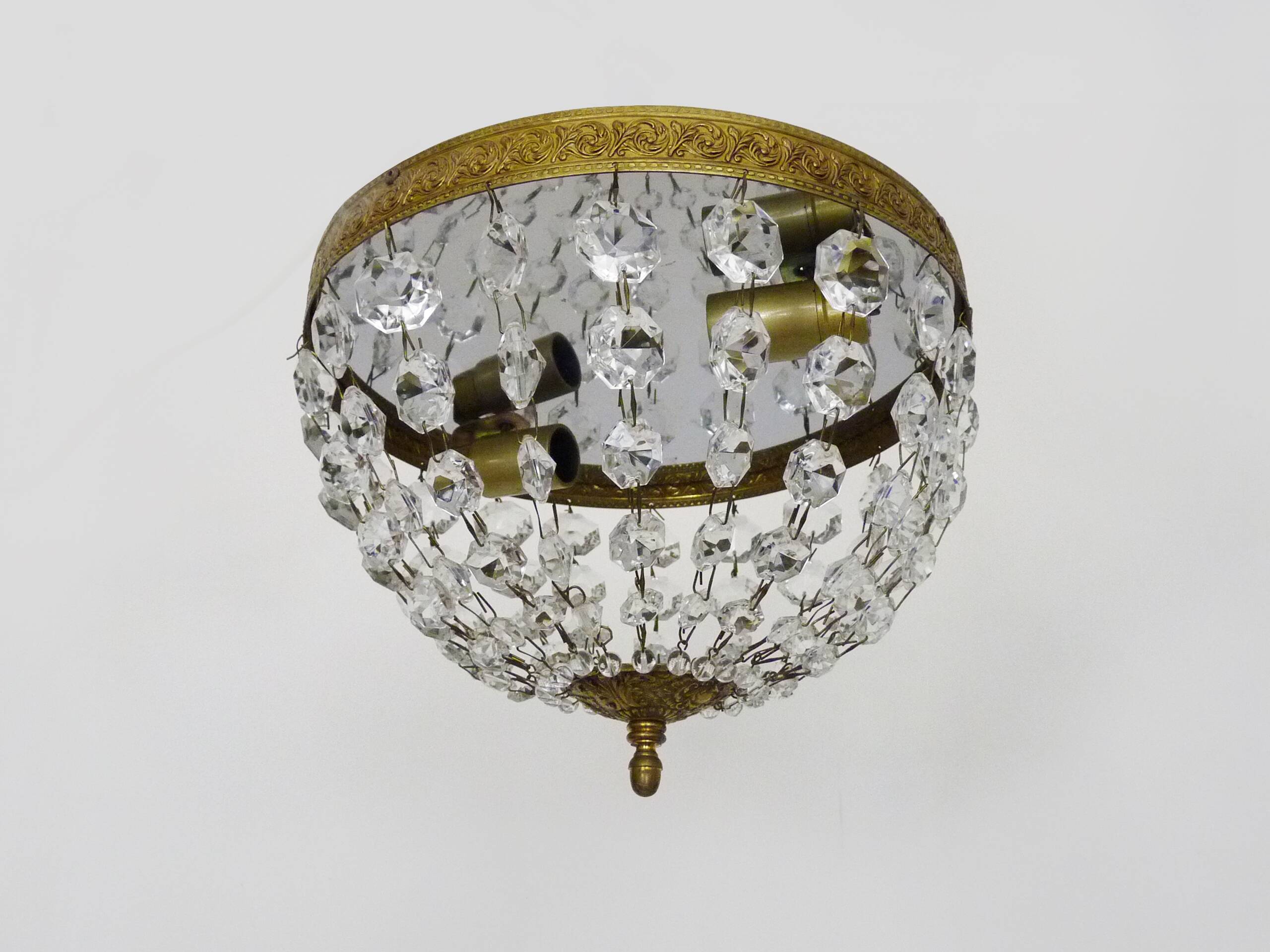 Old crown ceiling light with 2 bulbs, half basket with glass pendants.