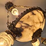 Art Deco alabaster and bronze chandelier, 7-light fixture