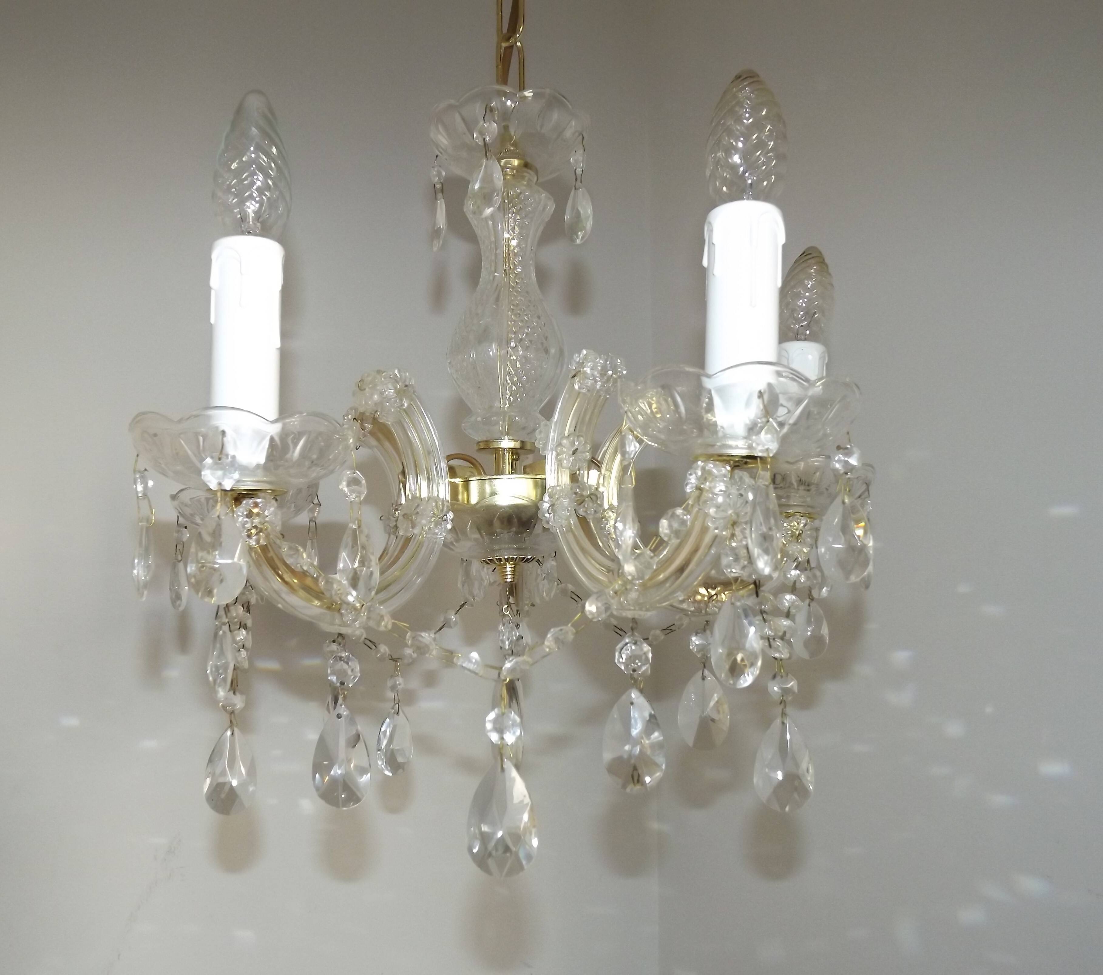 Vintage French Metal Crystal and Glass 5 Arm Paris Chic Style Chandelier