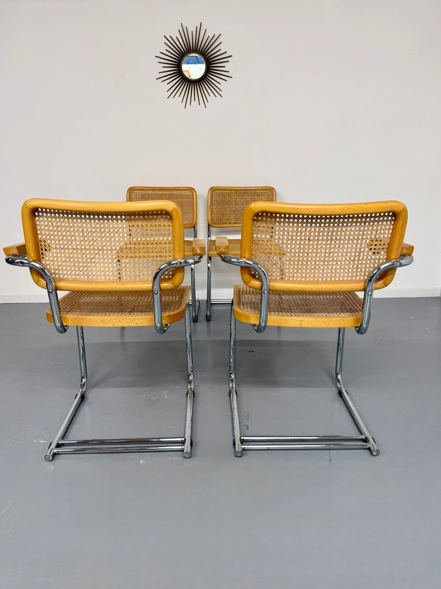Set of 4 cane cantilever chairs and armchairs, Cesca, 1970s.