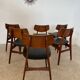 Set of 6 teak and black imitation leather chairs, Scandinavian design from the 70s vintage