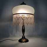 Lampe de table, lampe de chevet 2 feux, pied laiton, globe et perles rose