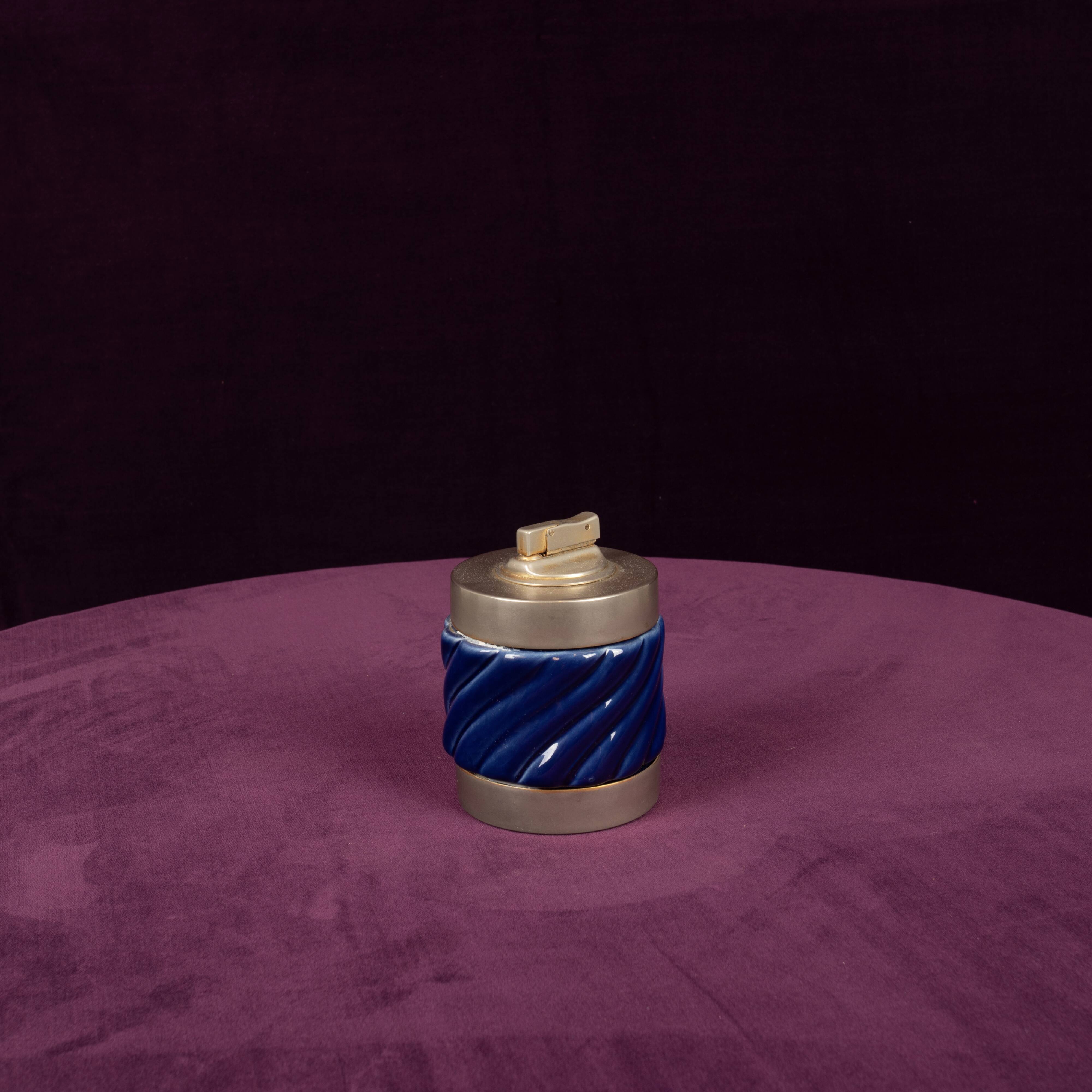 Tommaso Barbi Blue Glazed Ceramic and Brass-Toned Metal Table Lighter, 1970