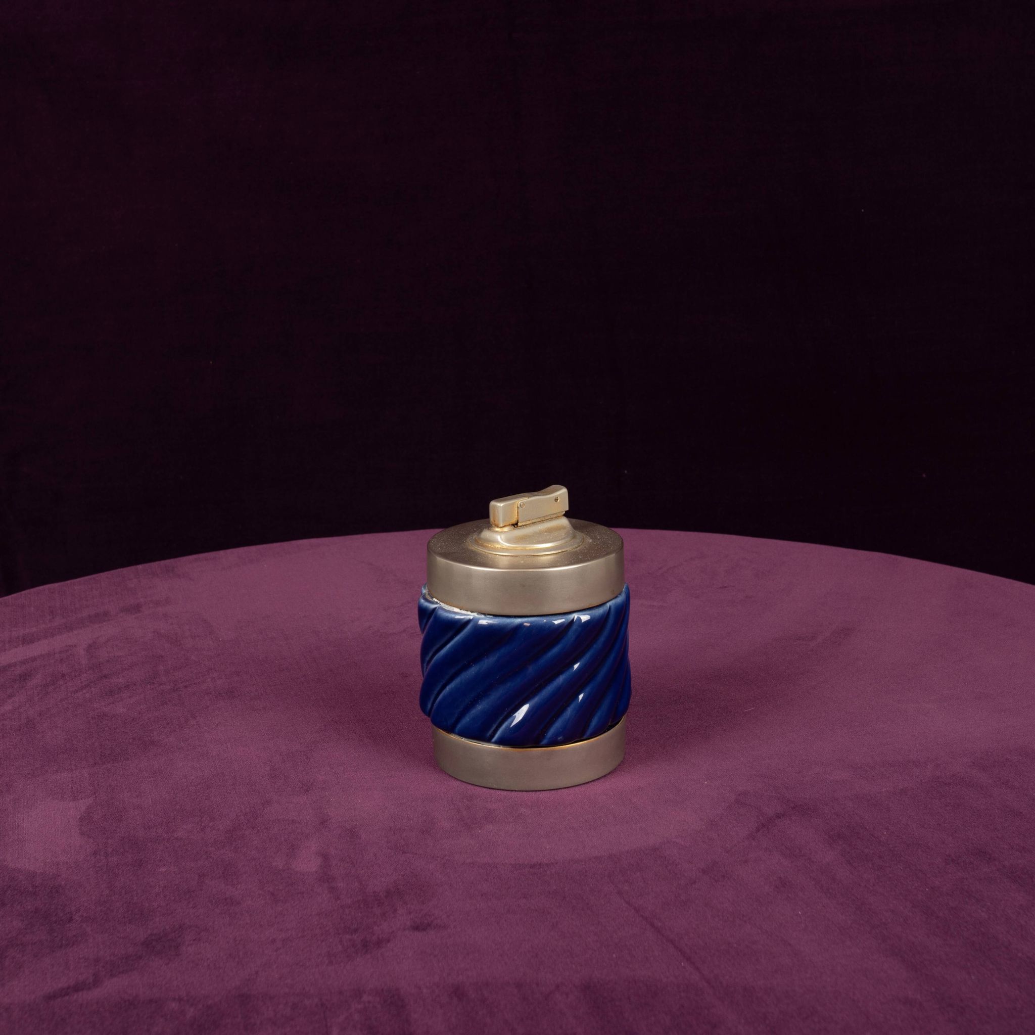 Tommaso Barbi Blue Glazed Ceramic and Brass-Toned Metal Table Lighter, 1970