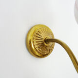 Pair of gooseneck wall sconces in gilded metal, white opaline with pink decorations