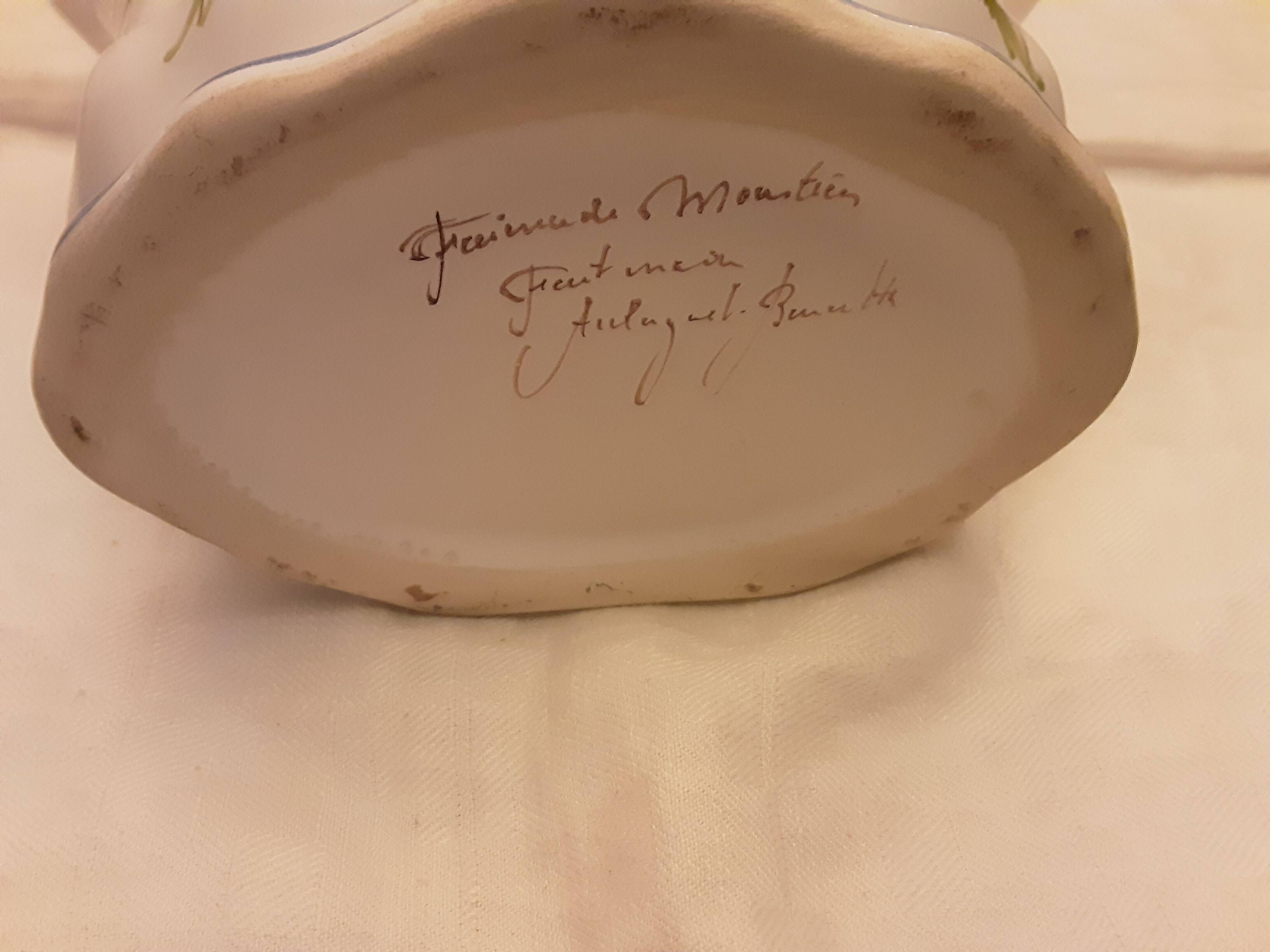 Handmade signed moustier pottery bouquet holder