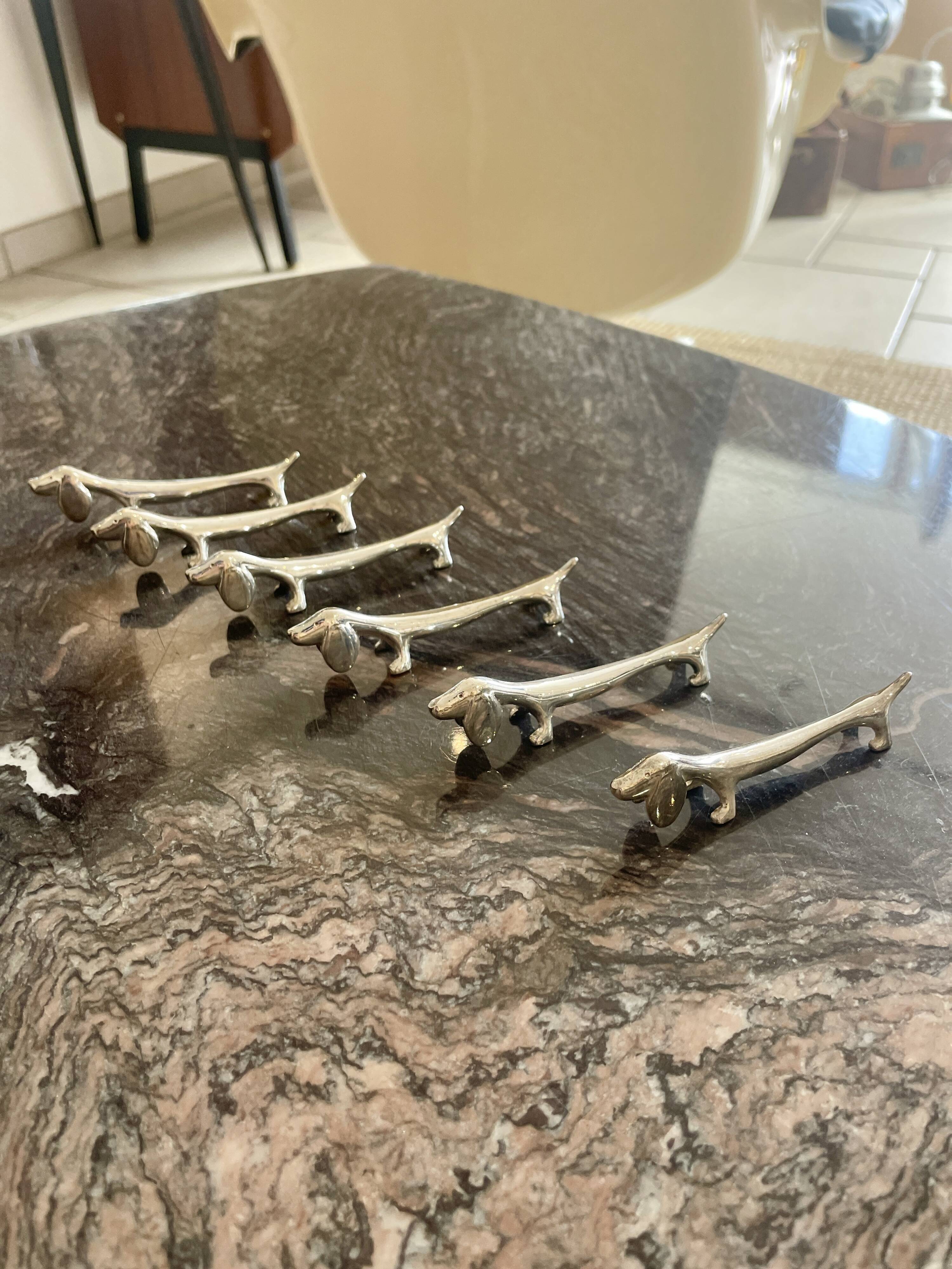 6 silver metal dachshund knife holders