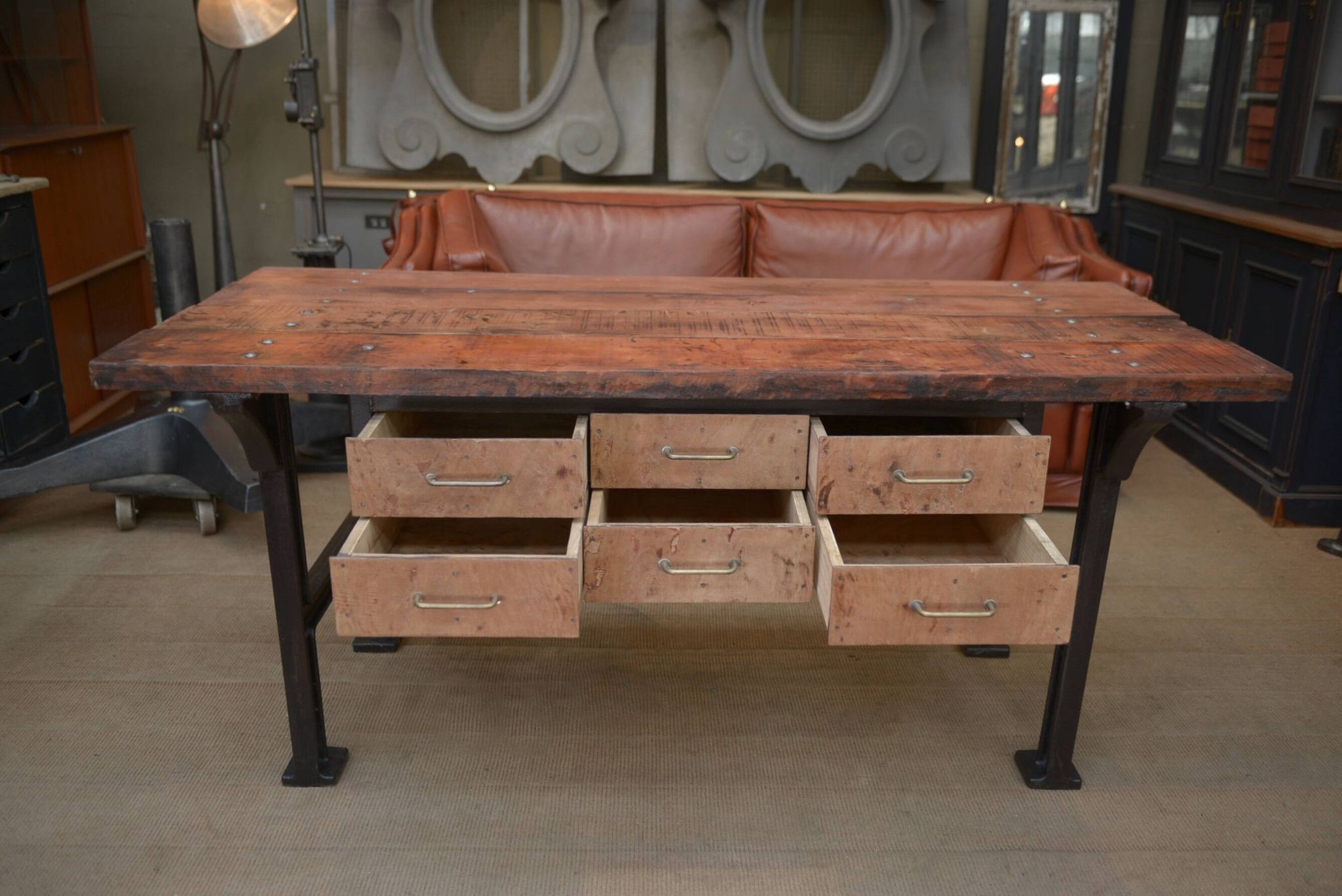 factory workbench in cast iron and wood 1930 with 9 drawers