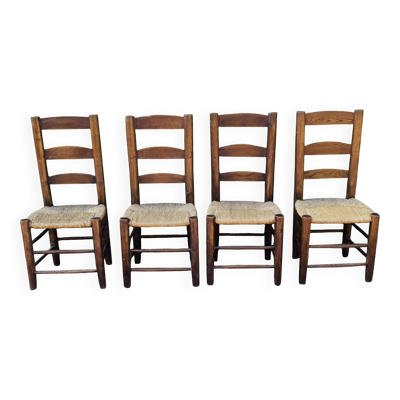 Ensemble de 4 chaises paillées artisanales en chêne massif