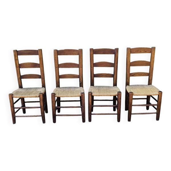 Ensemble de 4 chaises paillées artisanales en chêne massif