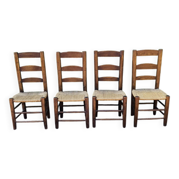 Set of 4 handcrafted rush chairs in solid oak.