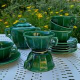 Iridescent green tea or coffee service in Lunéville K&G earthenware. 6 cups and an Art Deco sugar bowl