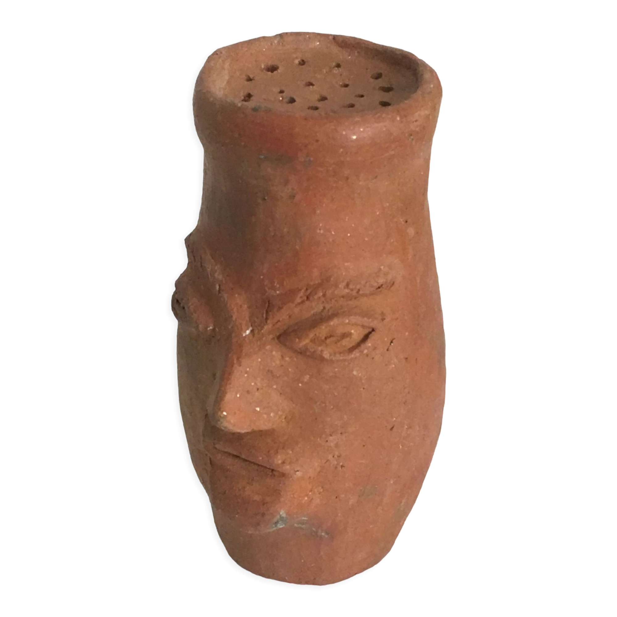 Artisanal terracotta terracotta salt shaker character head sculpture