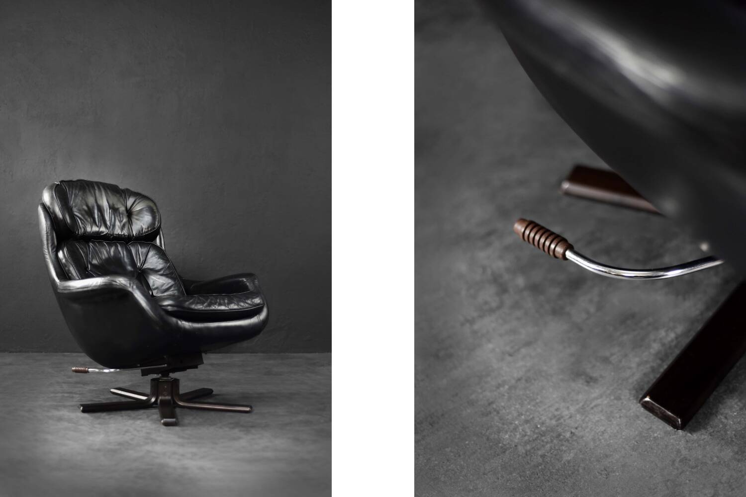 Vintage black leather swivel chair in mid-century modern Scandinavian style.