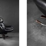 Vintage black leather swivel chair in mid-century modern Scandinavian style.