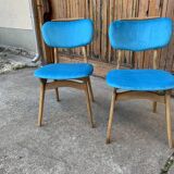 Set of 2 Mid-Century blue velvet and light wood chairs, 1960s.