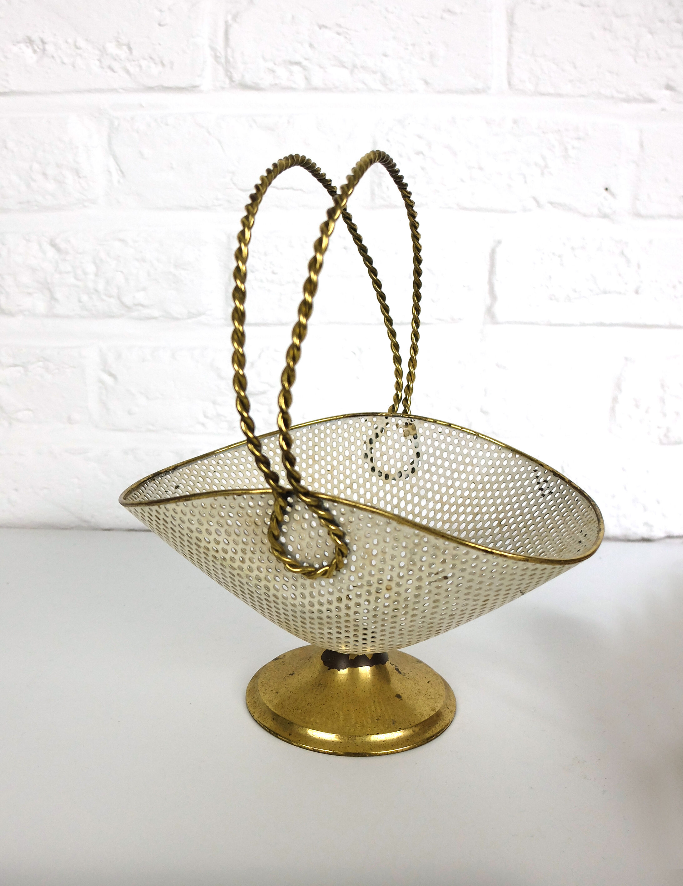 White and gold basket in perforated sheet metal & brass years 1950-60