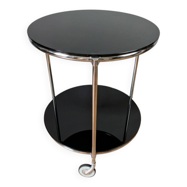 Table d’appoint vintage à roulettes – plateau en verre noir