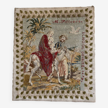 Old tapestry on wooden panel, religious theme, Flanders, 19th century