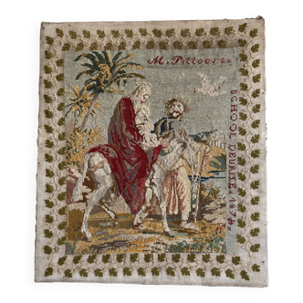 Tapisserie ancienne sur panneau de bois, thématique religieuse, Flandres, XIXe