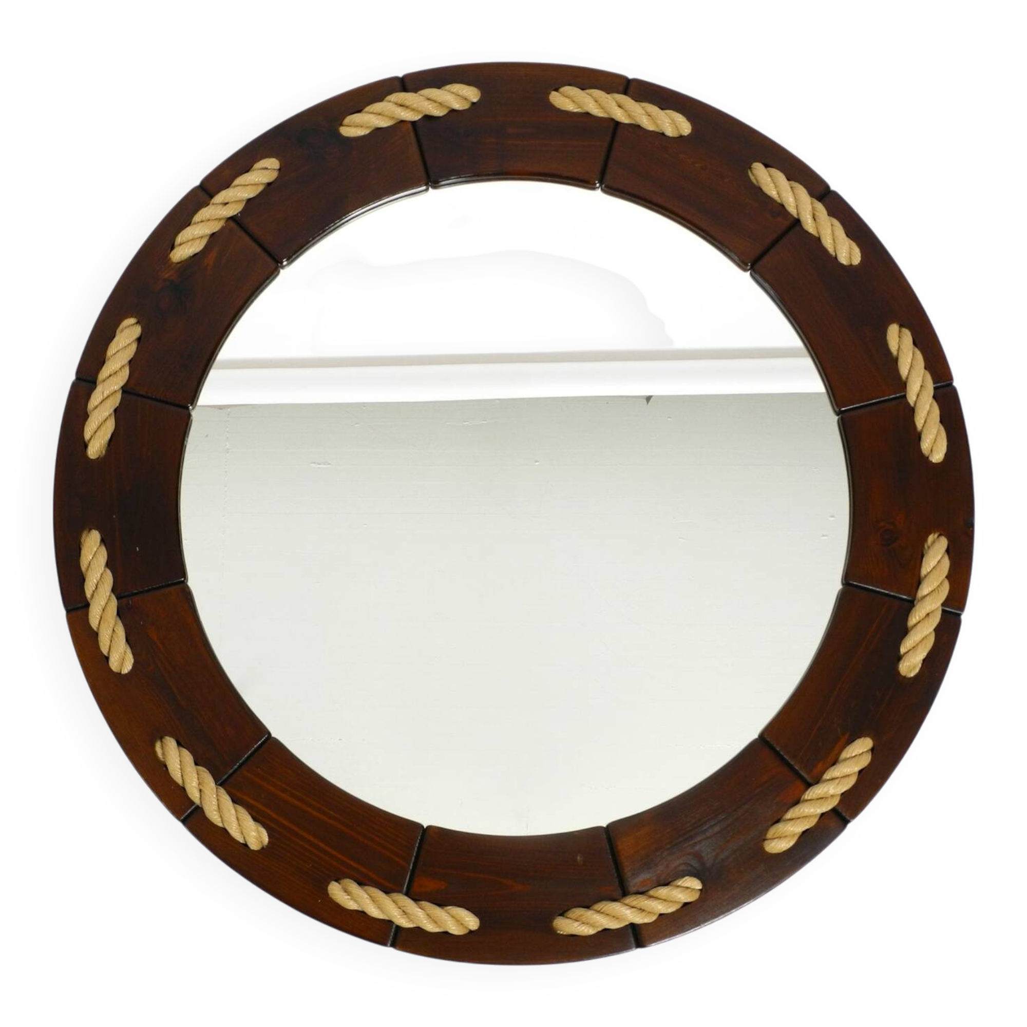 Huge 1970s maritime round pine wood wall mirror from Denmark | ∅ 89cm