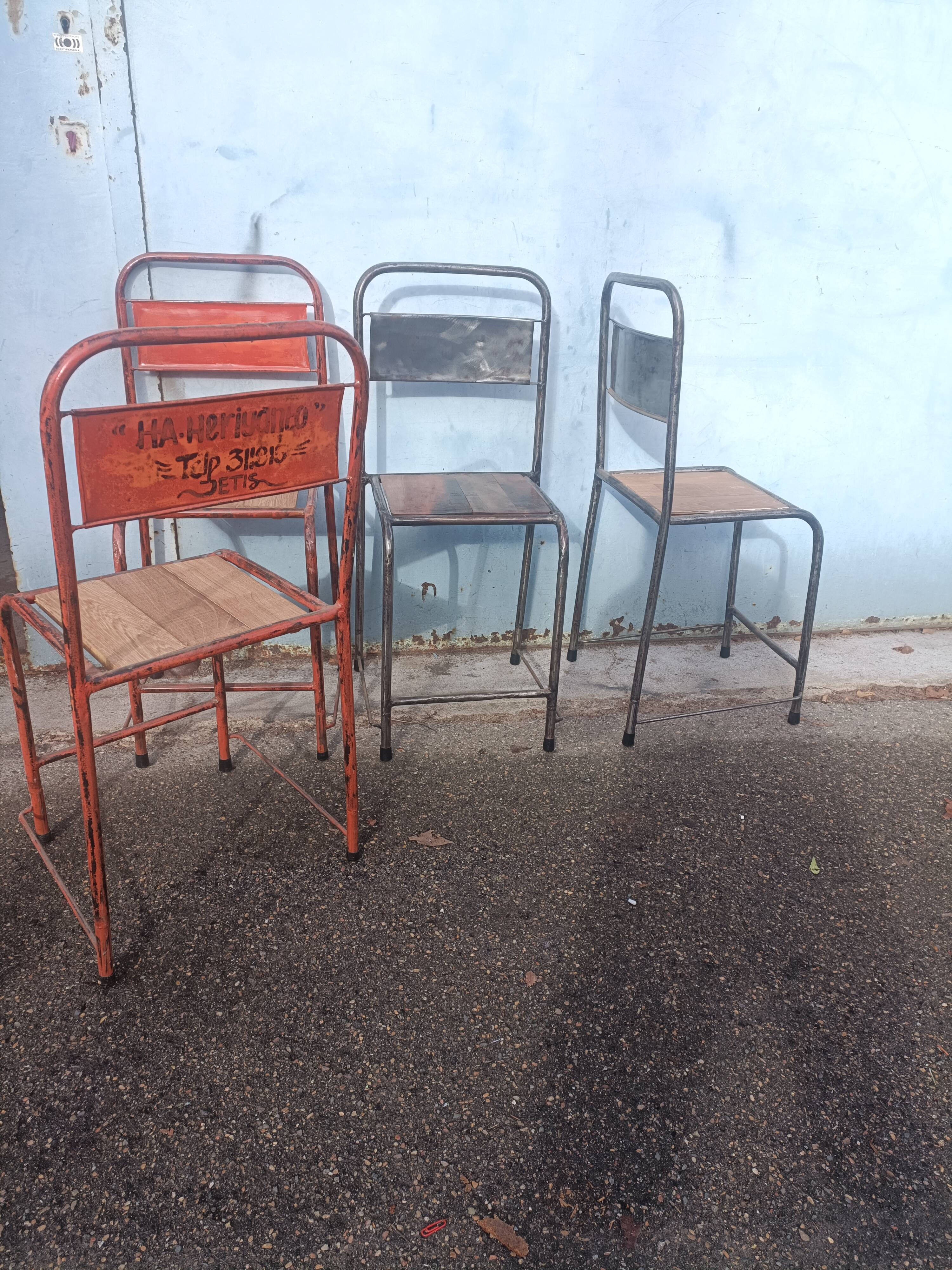 4 antique metal wooden chairs
