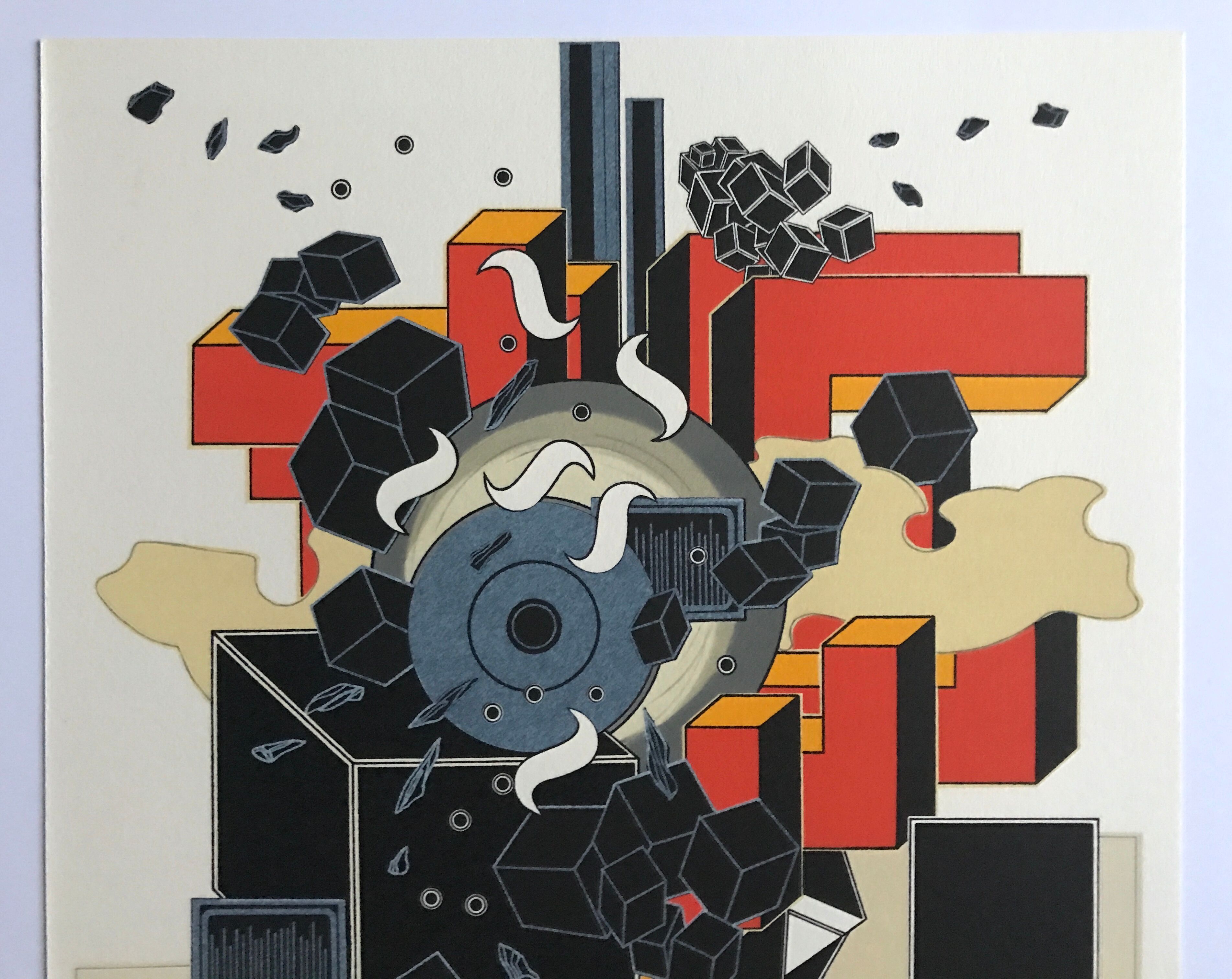 Lithograph by Alain Le Yaouanc, fire, 1978