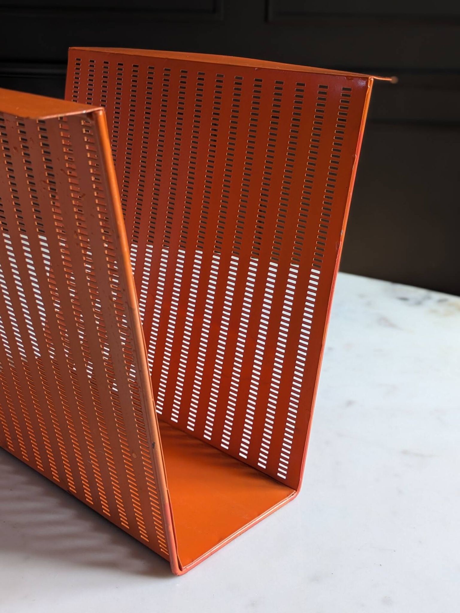 Vintage metal magazine rack in perforated orange/Mathieu Mategot style/70s