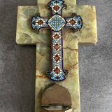 Wall cross with a holy water font in enamel and onyx, 19th century.