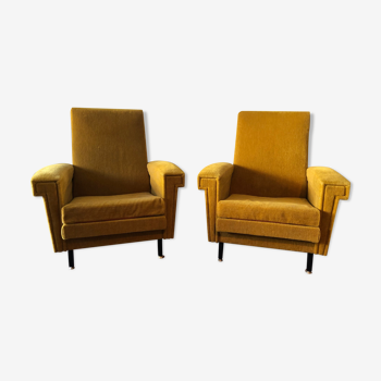 Duo of vintage armchairs, 50/60 design, mustard yellow