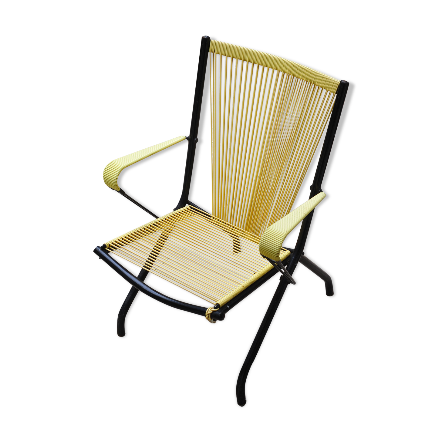 Lounge folding chair by André Montpoix in yellow scoubidou - 1960's