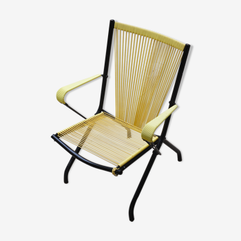 Lounge folding chair by André Montpoix in yellow scoubidou - 1960's